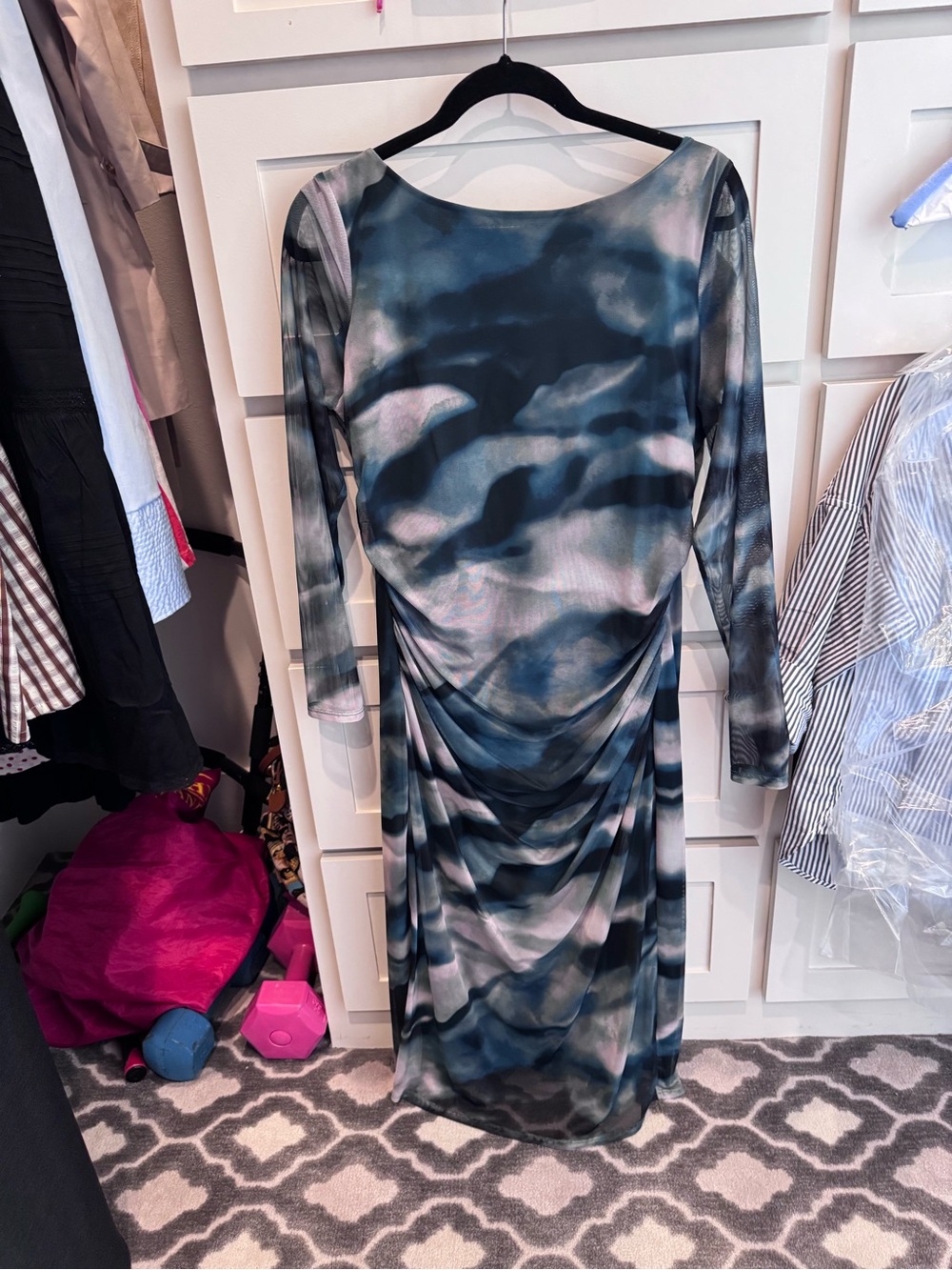 Vince Camuto Navy and Light Gray Long-Sleeve Ruched Dress